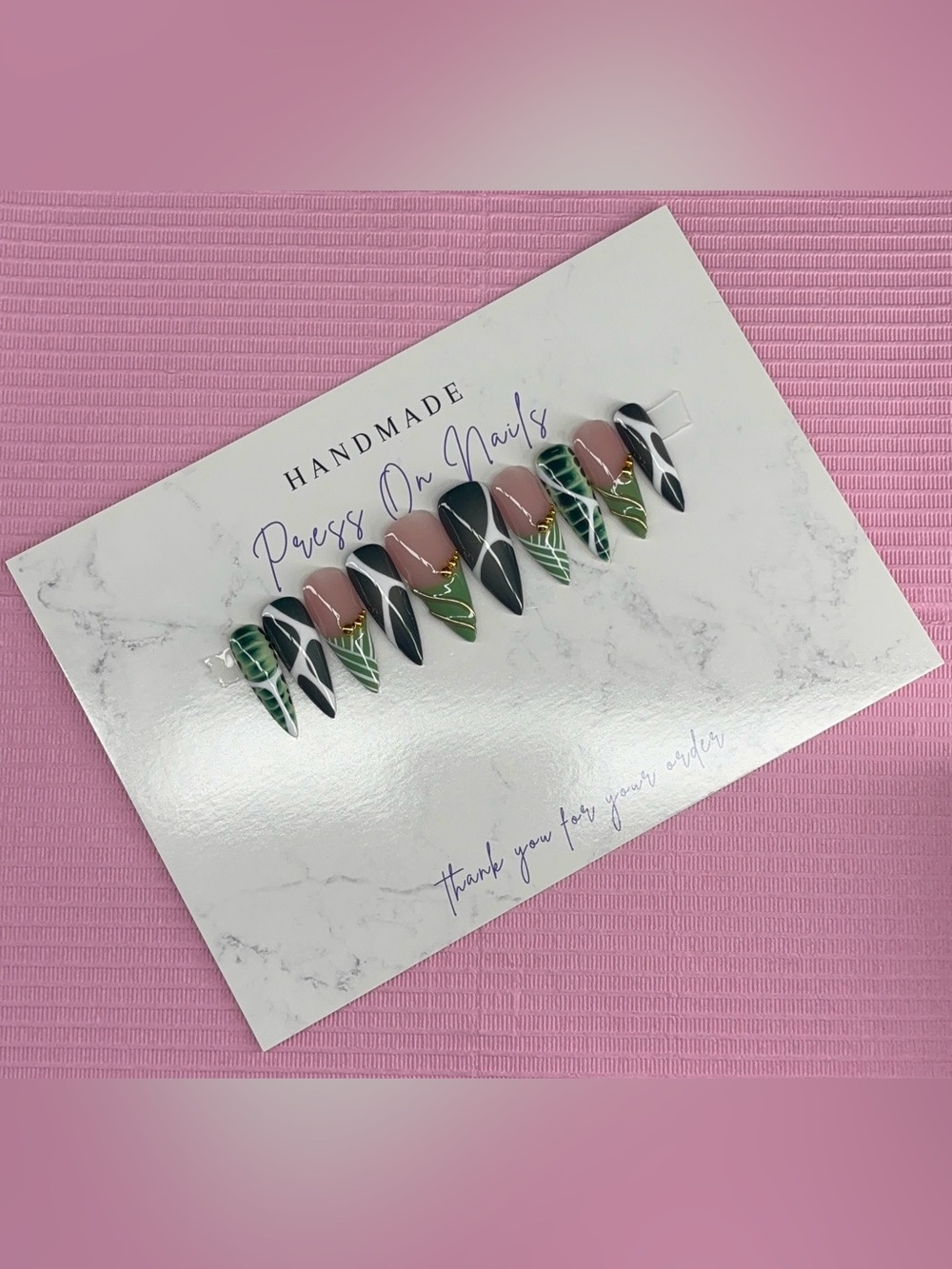 Long stiletto Press on nails dark green aura gold white nude French tips chrome